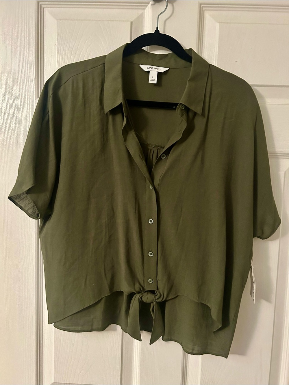 Nine West Army Green Button Down Cropped Top with Front Tie